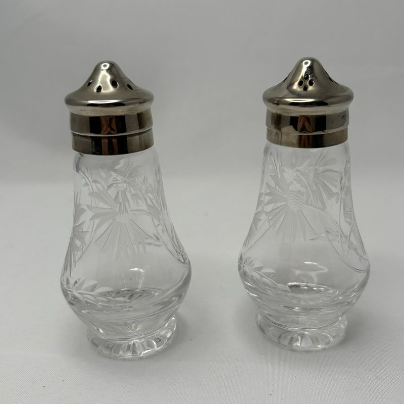 Royal Brierley Etched Cornflower Glass Salt Pepper Shakers Silver Tone Lids