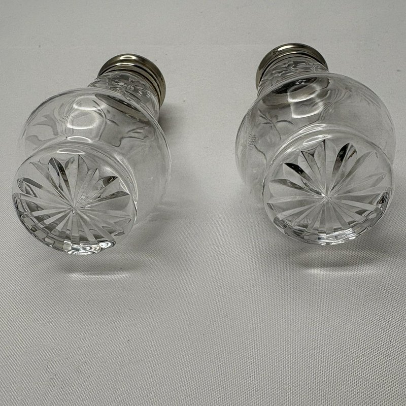 Royal Brierley Etched Cornflower Glass Salt Pepper Shakers Silver Tone Lids