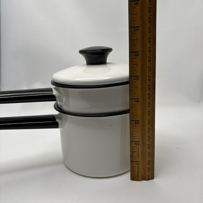 Vintage Lisk Flintstone 1/2 Qt Enamel Double Boiler White Black Handles w Lid