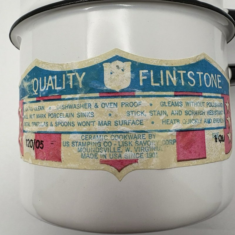 Vintage Lisk Flintstone 1/2 Qt Enamel Double Boiler White Black Handles w Lid