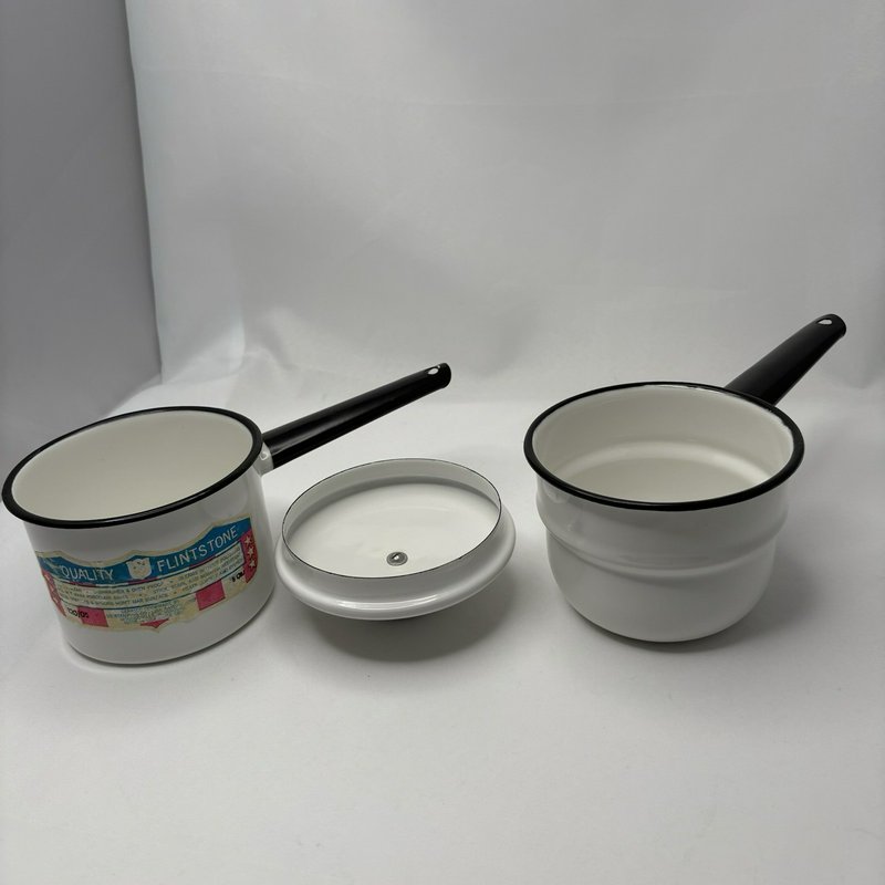 Vintage Lisk Flintstone 1/2 Qt Enamel Double Boiler White Black Handles w Lid