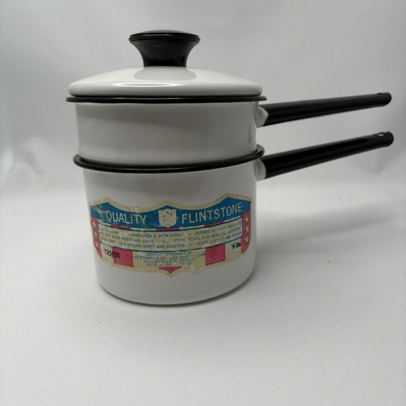 Vintage Lisk Flintstone 1/2 Qt Enamel Double Boiler White Black Handles w Lid
