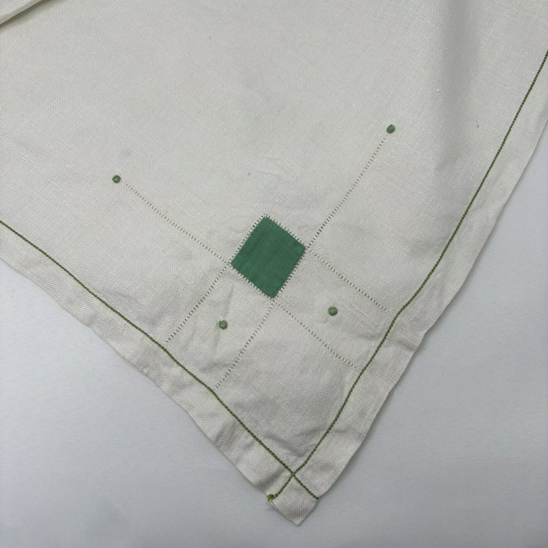 Vintage Mid Century Linen Tablecloth Green Geometric Square 31.5 in