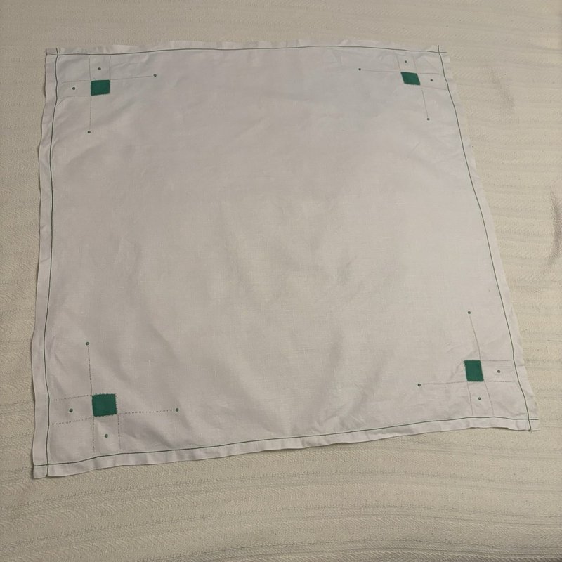Vintage Mid Century Linen Tablecloth Green Geometric Square 31.5 in