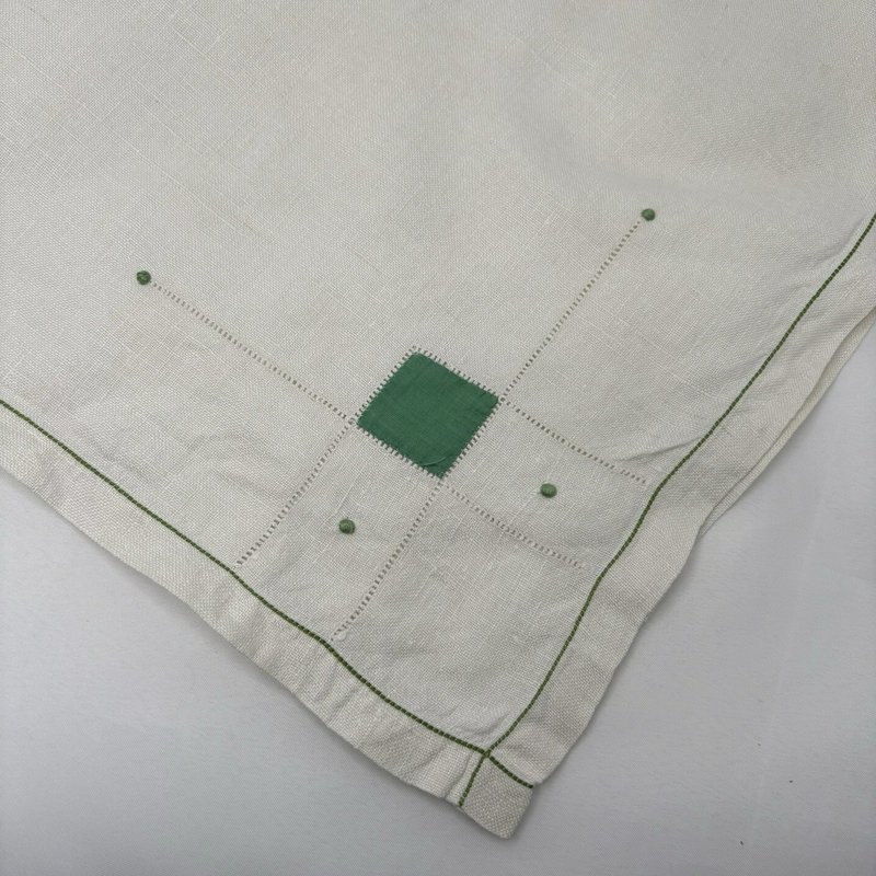 Vintage Mid Century Linen Tablecloth Green Geometric Square 31.5 in