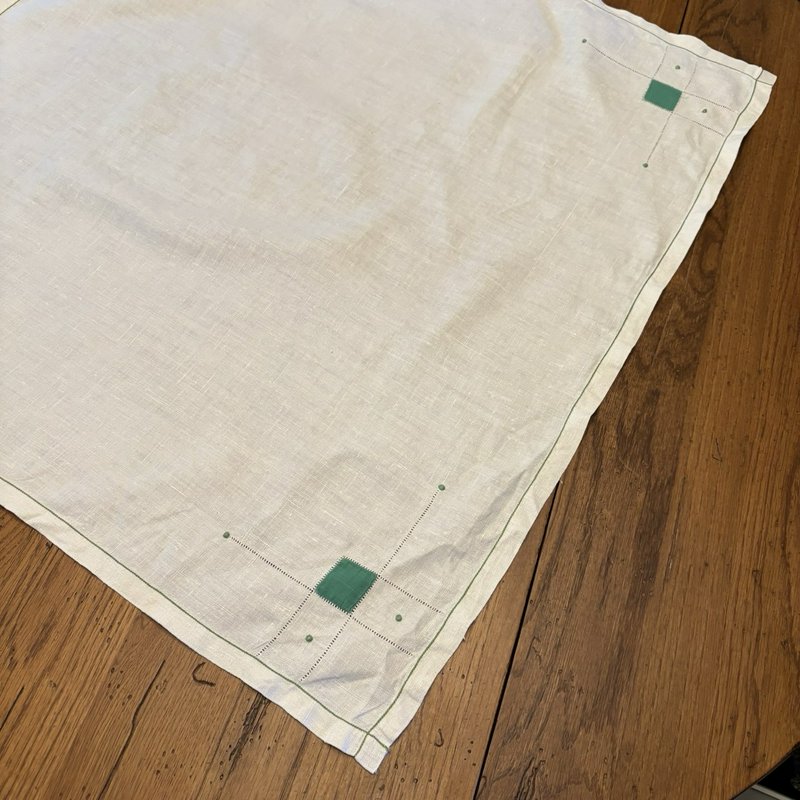 Vintage Mid Century Linen Tablecloth Green Geometric Square 31.5 in