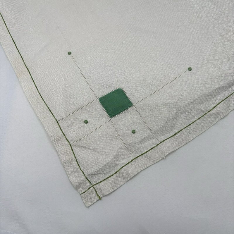 Vintage Mid Century Linen Tablecloth Green Geometric Square 31.5 in