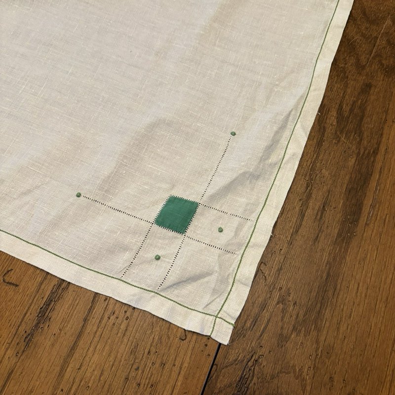 Vintage Mid Century Linen Tablecloth Green Geometric Square 31.5 in