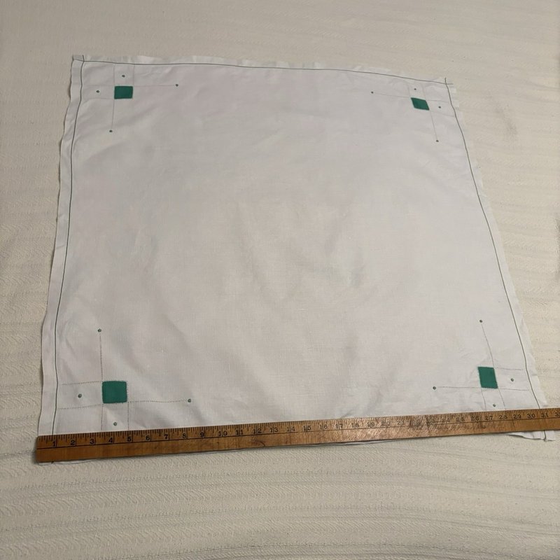 Vintage Mid Century Linen Tablecloth Green Geometric Square 31.5 in