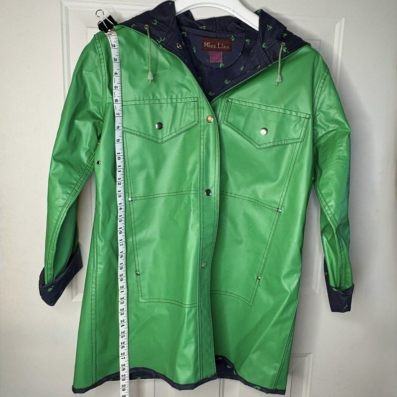 Vintage 80s Mizz Lizz Whale Print Green Hooded Rain Jacket Snap Front Womens M