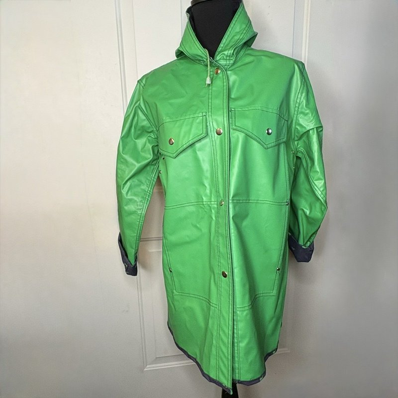 Vintage 80s Mizz Lizz Whale Print Green Hooded Rain Jacket Snap Front Womens M