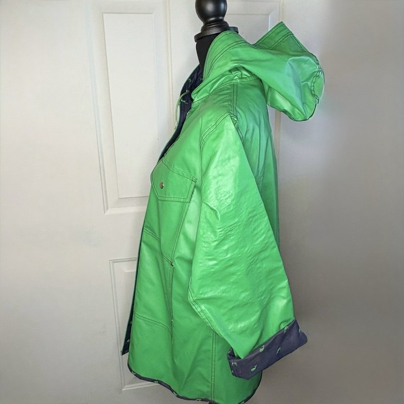 Vintage 80s Mizz Lizz Whale Print Green Hooded Rain Jacket Snap Front Womens M