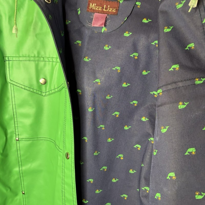 Vintage 80s Mizz Lizz Whale Print Green Hooded Rain Jacket Snap Front Womens M