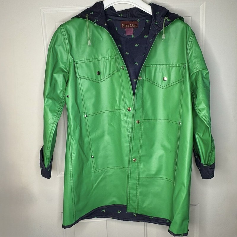 Vintage 80s Mizz Lizz Whale Print Green Hooded Rain Jacket Snap Front Womens M
