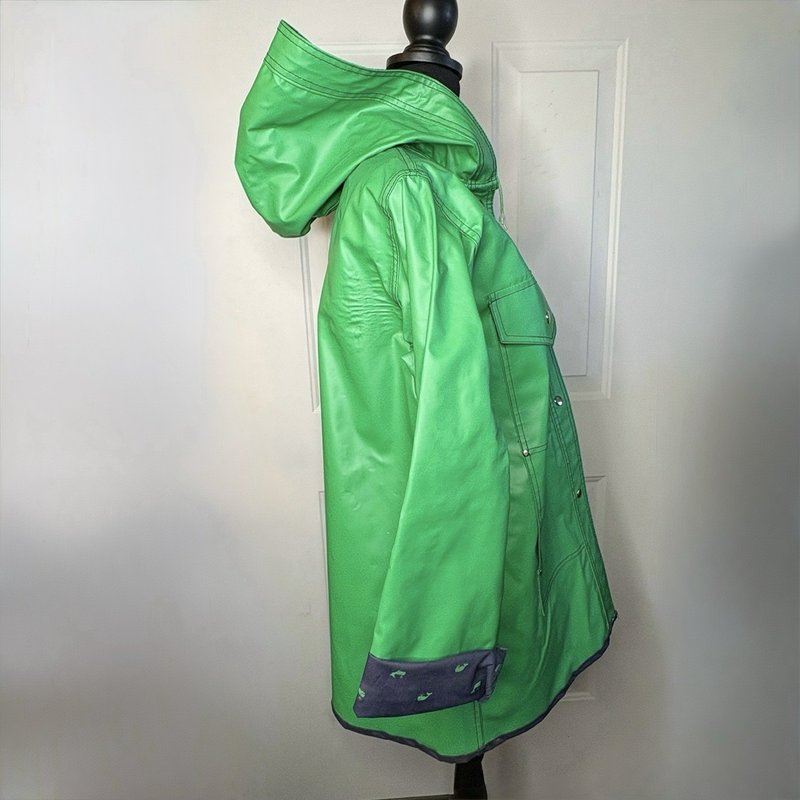 Vintage 80s Mizz Lizz Whale Print Green Hooded Rain Jacket Snap Front Womens M