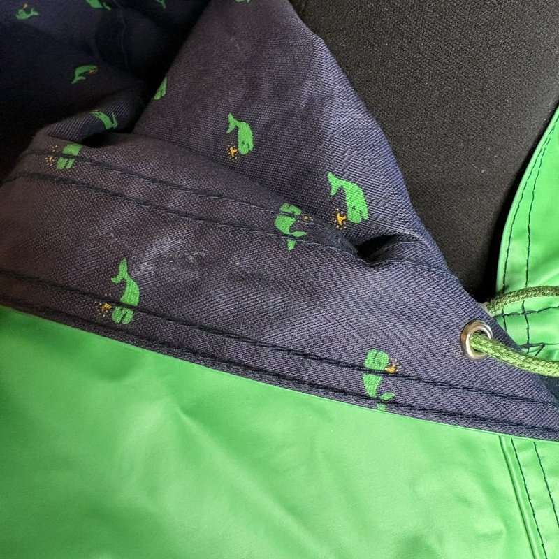 Vintage 80s Mizz Lizz Whale Print Green Hooded Rain Jacket Snap Front Womens M