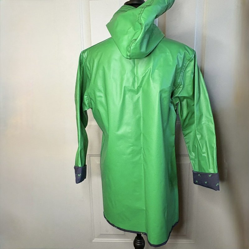 Vintage 80s Mizz Lizz Whale Print Green Hooded Rain Jacket Snap Front Womens M