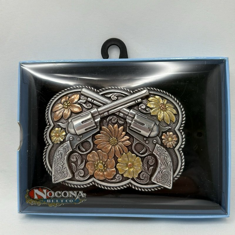 Nocona Belt Buckle Floral Revolvers Western Cowboy Silver Tone w Box