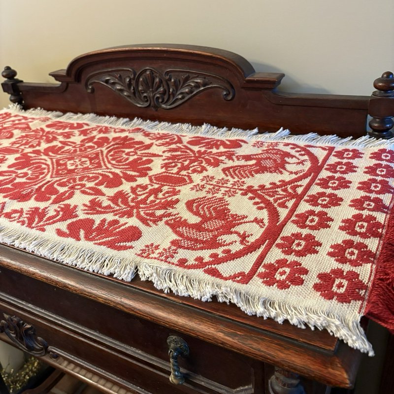 Vintage Style Jacquard Table Runner Red Cream Rooster Floral Fringe 38.5”