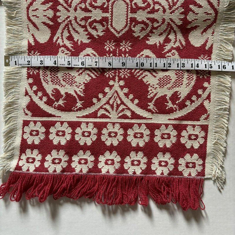 Vintage Style Jacquard Table Runner Red Cream Rooster Floral Fringe 38.5”