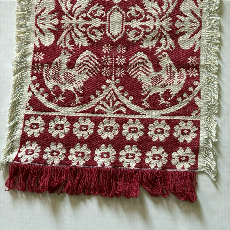 Vintage Style Jacquard Table Runner Red Cream Rooster Floral Fringe 38.5”