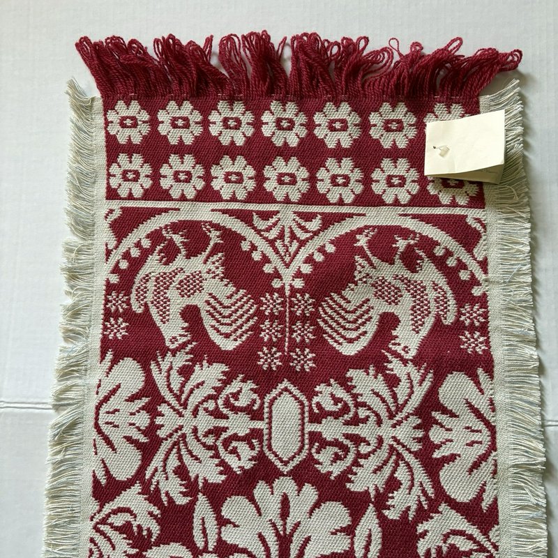 Vintage Style Jacquard Table Runner Red Cream Rooster Floral Fringe 38.5”