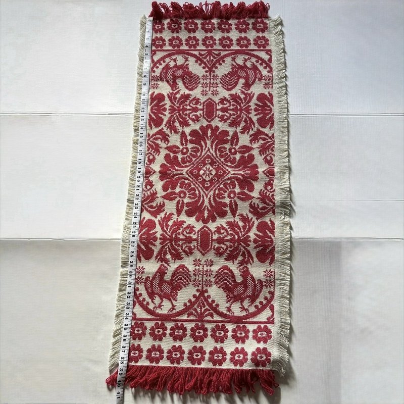 Vintage Style Jacquard Table Runner Red Cream Rooster Floral Fringe 38.5”
