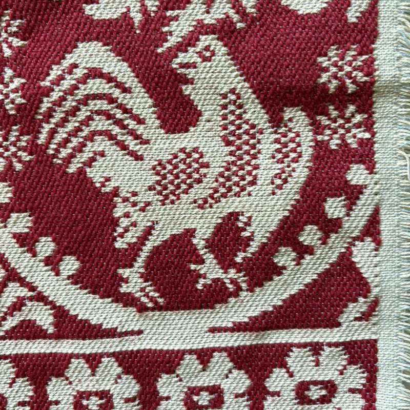 Vintage Style Jacquard Table Runner Red Cream Rooster Floral Fringe 38.5”