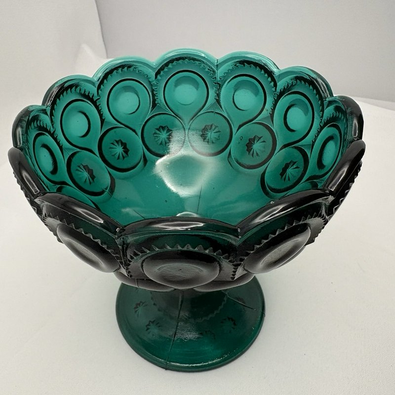 Vintage Teal Blue Green Glass Pedestal Compote Thumbprint Starburst Bowl