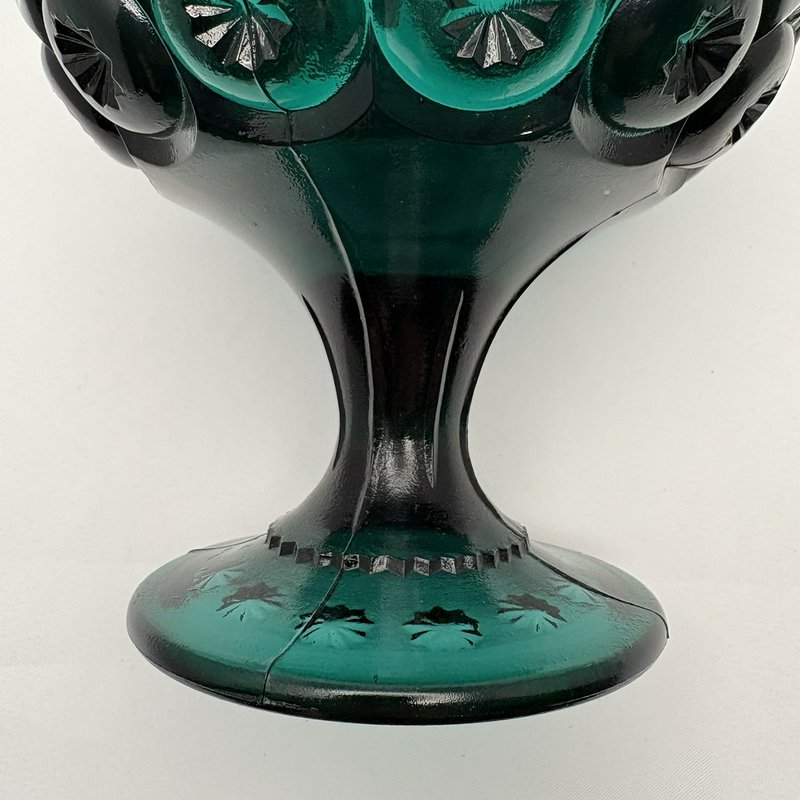 Vintage Teal Blue Green Glass Pedestal Compote Thumbprint Starburst Bowl