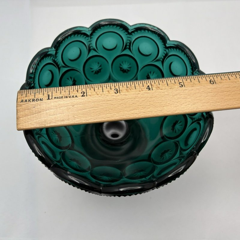 Vintage Teal Blue Green Glass Pedestal Compote Thumbprint Starburst Bowl