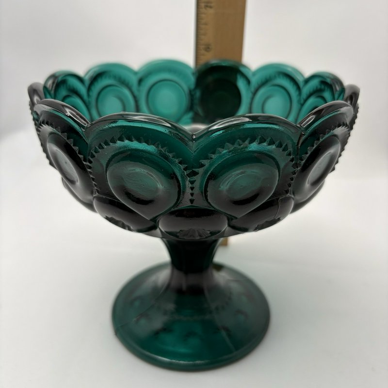 Vintage Teal Blue Green Glass Pedestal Compote Thumbprint Starburst Bowl