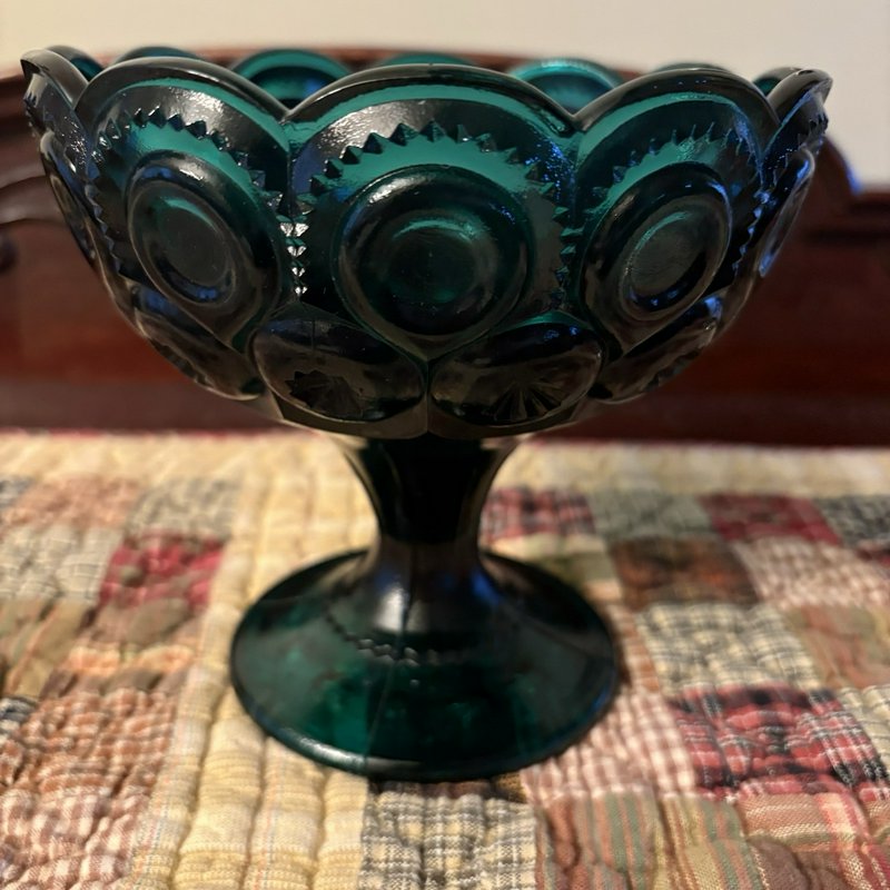 Vintage Teal Blue Green Glass Pedestal Compote Thumbprint Starburst Bowl
