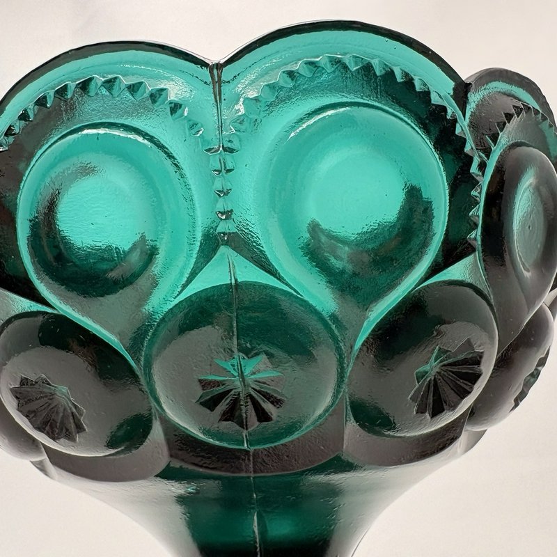 Vintage Teal Blue Green Glass Pedestal Compote Thumbprint Starburst Bowl