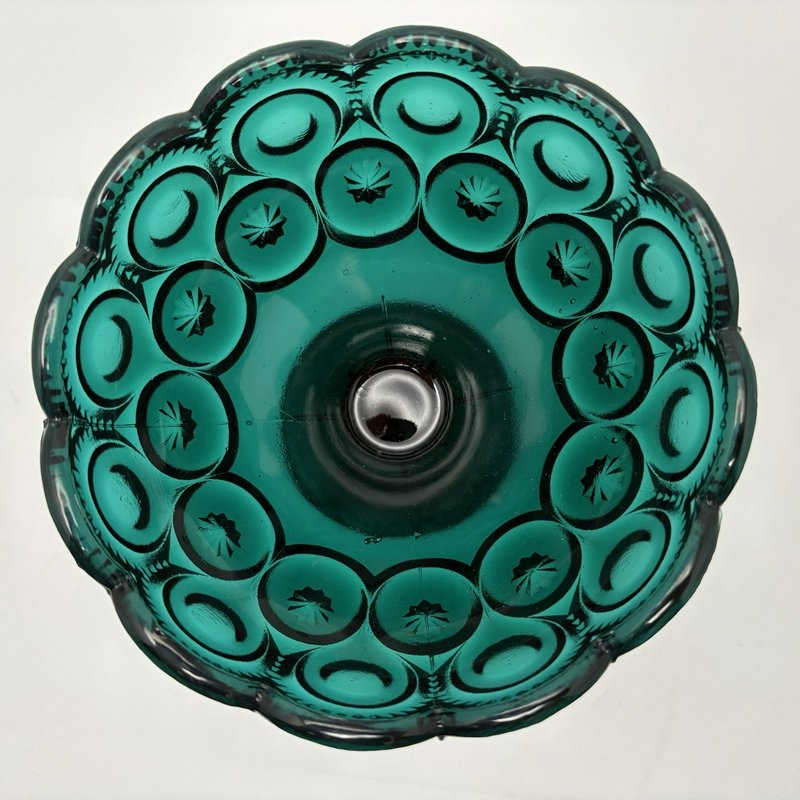 Vintage Teal Blue Green Glass Pedestal Compote Thumbprint Starburst Bowl