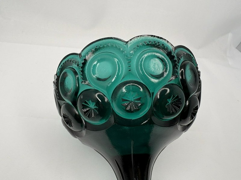 Vintage Teal Blue Green Glass Pedestal Compote Thumbprint Starburst Bowl