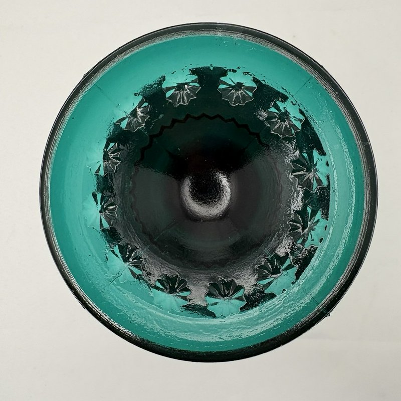 Vintage Teal Blue Green Glass Pedestal Compote Thumbprint Starburst Bowl
