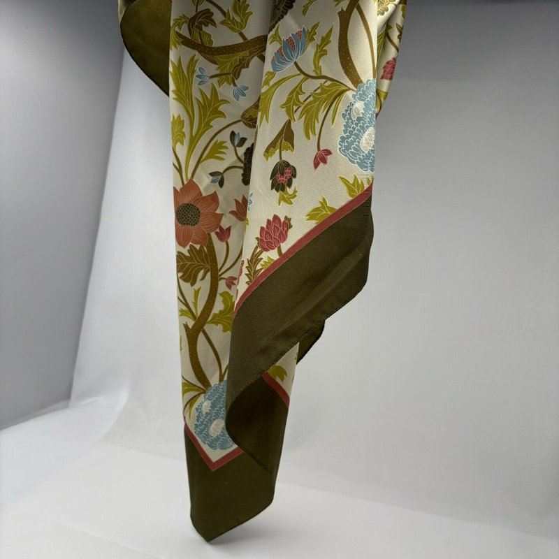 Floral Satin Scarf 30x30 Green Border Botanical Cottagecore