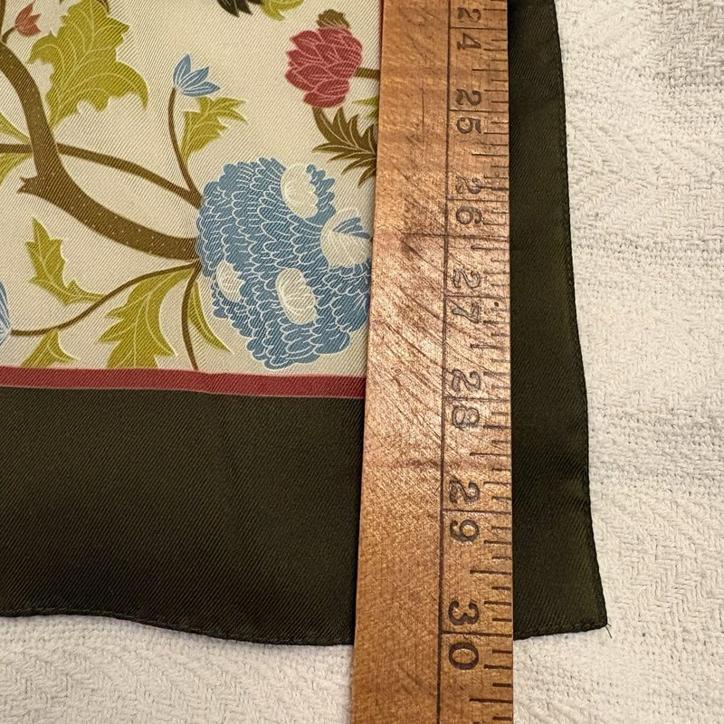 Floral Satin Scarf 30x30 Green Border Botanical Cottagecore