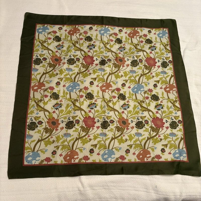 Floral Satin Scarf 30x30 Green Border Botanical Cottagecore