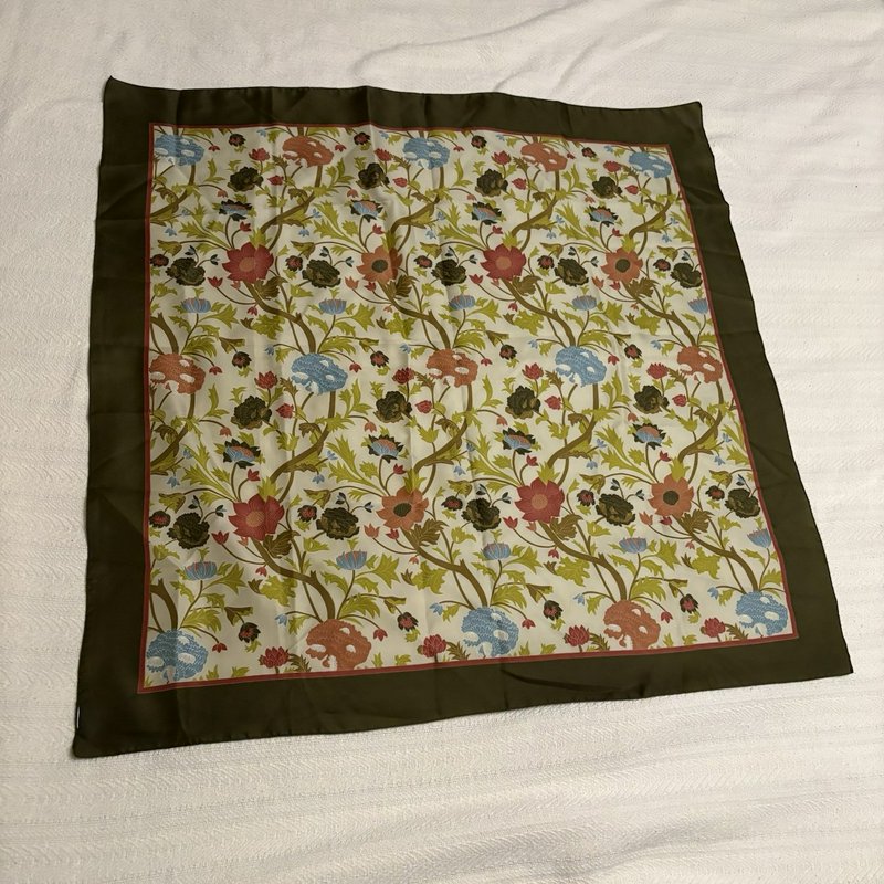 Floral Satin Scarf 30x30 Green Border Botanical Cottagecore