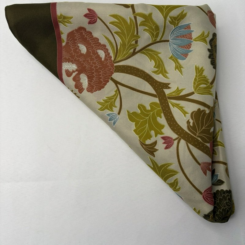 Floral Satin Scarf 30x30 Green Border Botanical Cottagecore