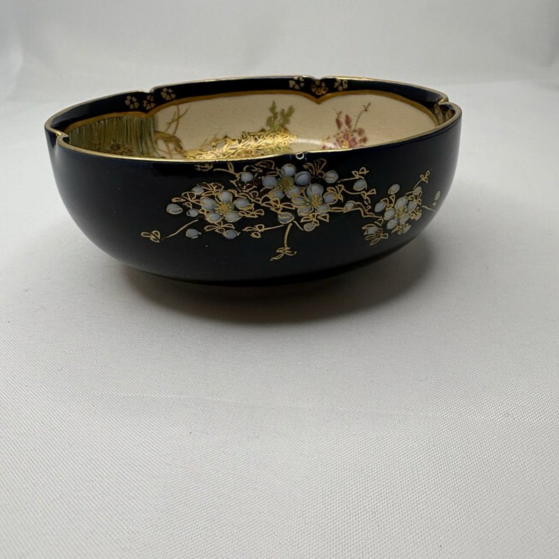 Antique Japanese Satsuma Bowl Cobalt Gold Moriage Floral 4.75”