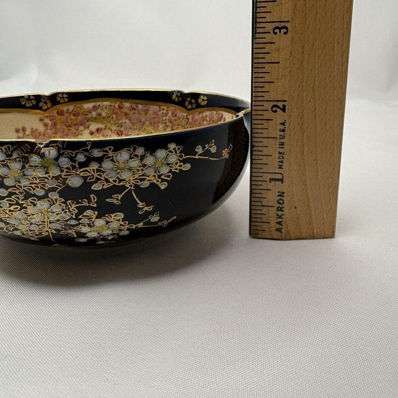 Antique Japanese Satsuma Bowl Cobalt Gold Moriage Floral 4.75”