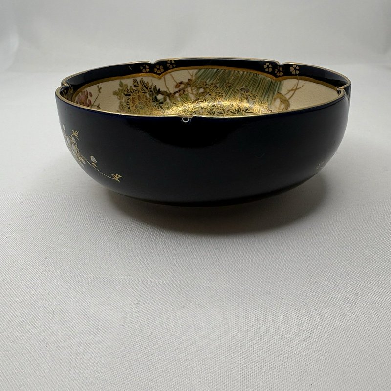 Antique Japanese Satsuma Bowl Cobalt Gold Moriage Floral 4.75”