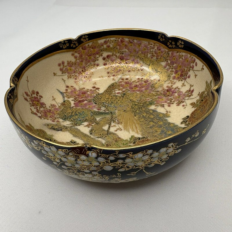 Antique Japanese Satsuma Bowl Cobalt Gold Moriage Floral 4.75”