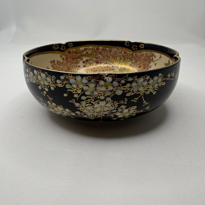 Antique Japanese Satsuma Bowl Cobalt Gold Moriage Floral 4.75”