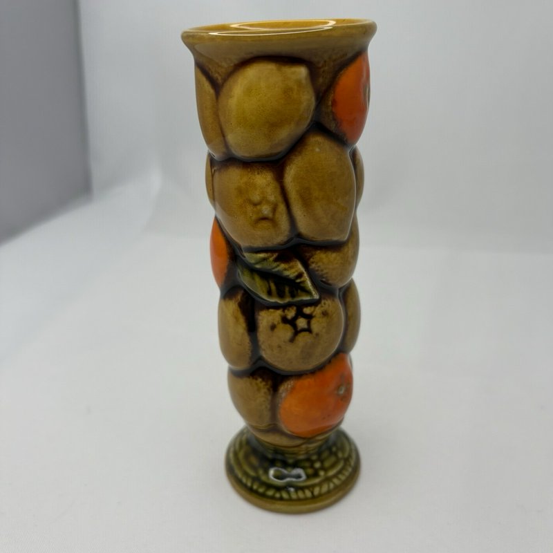 Vintage INARCO Japan Fruit Relief Tall Vase Brown Orange Ceramic 7”