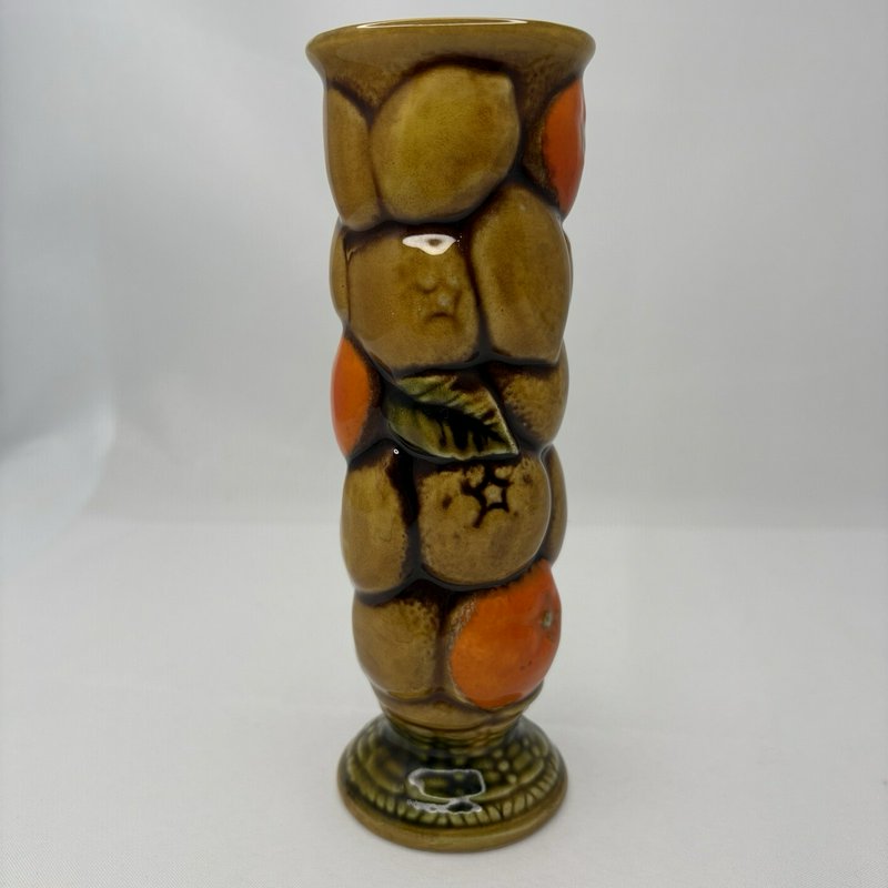 Vintage INARCO Japan Fruit Relief Tall Vase Brown Orange Ceramic 7”