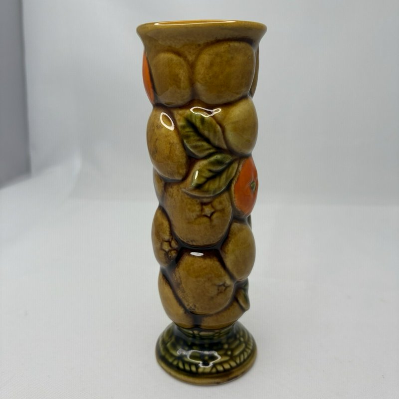 Vintage INARCO Japan Fruit Relief Tall Vase Brown Orange Ceramic 7”